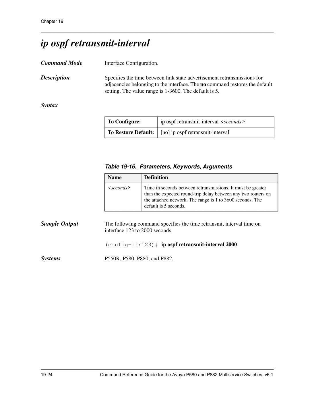 Avaya 106760804 manual Ip ospf retransmit-interval, Parameters, Keywords, Arguments 