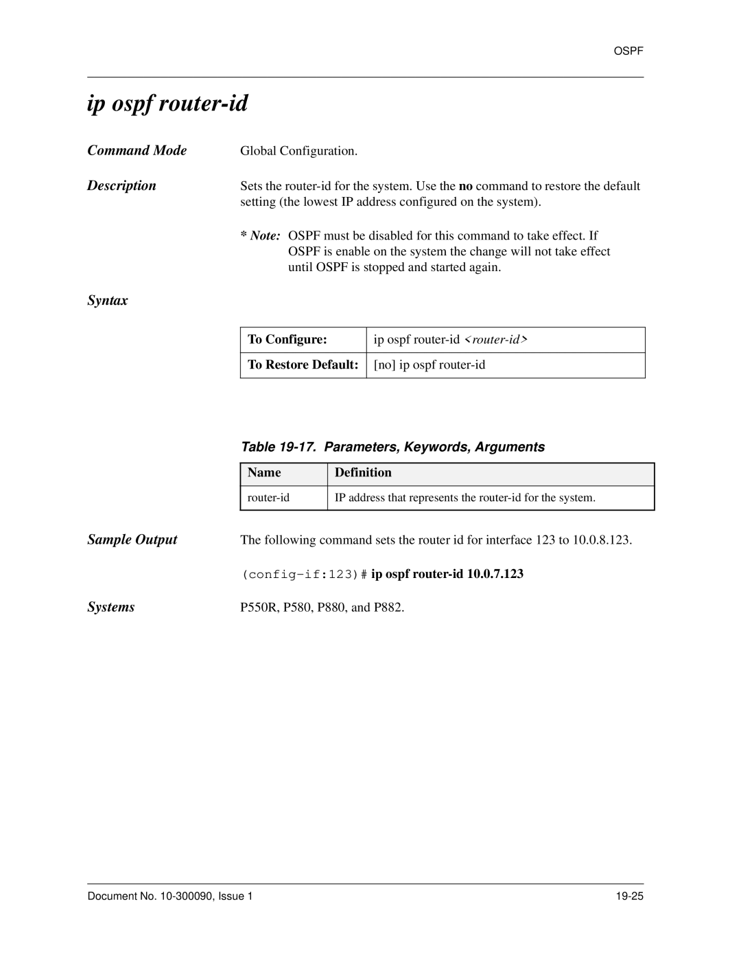 Avaya 106760804 manual Ip ospf router-id, Following command sets the router id for interface 123 to 