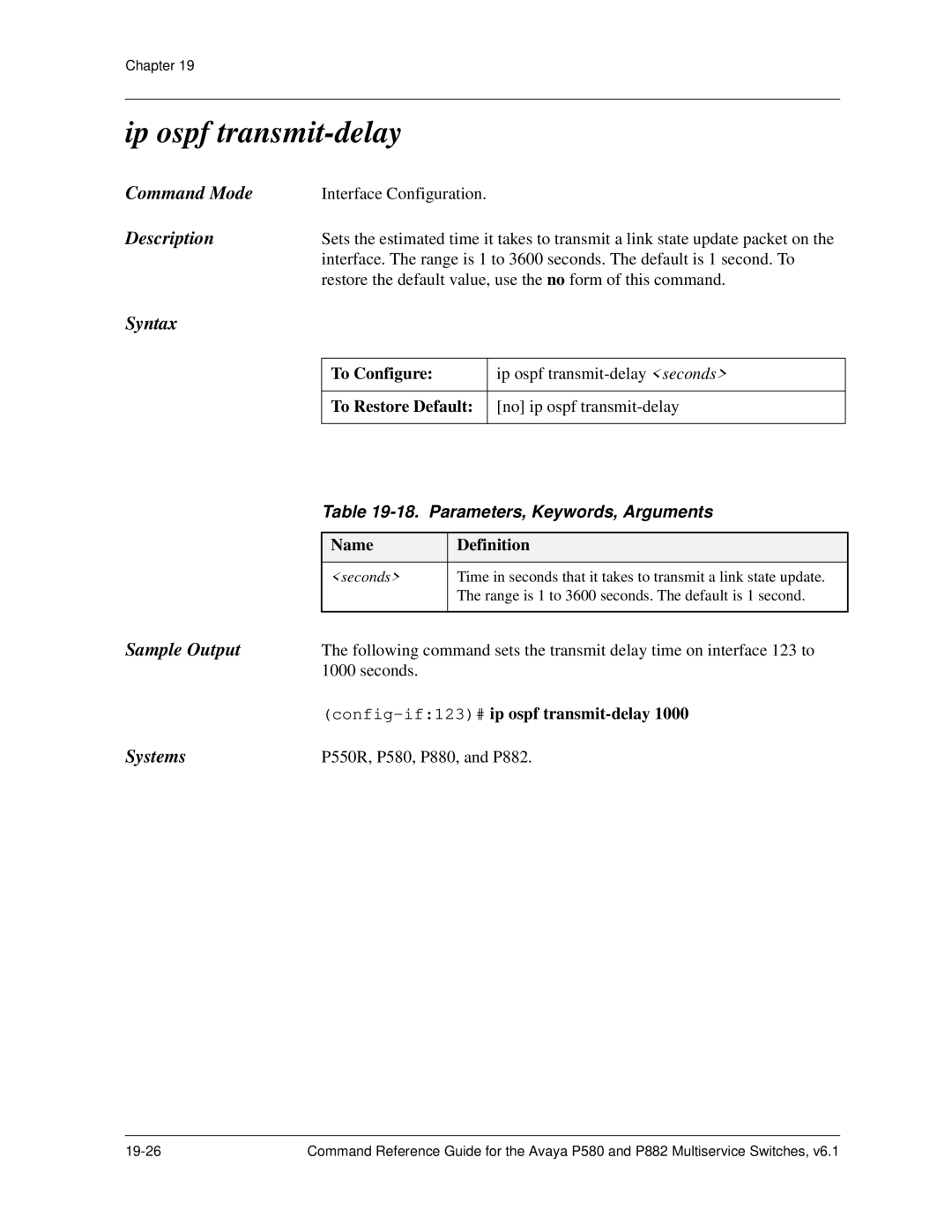 Avaya 106760804 manual Ip ospf transmit-delay, Seconds Config-if123#ip ospf transmit-delay 