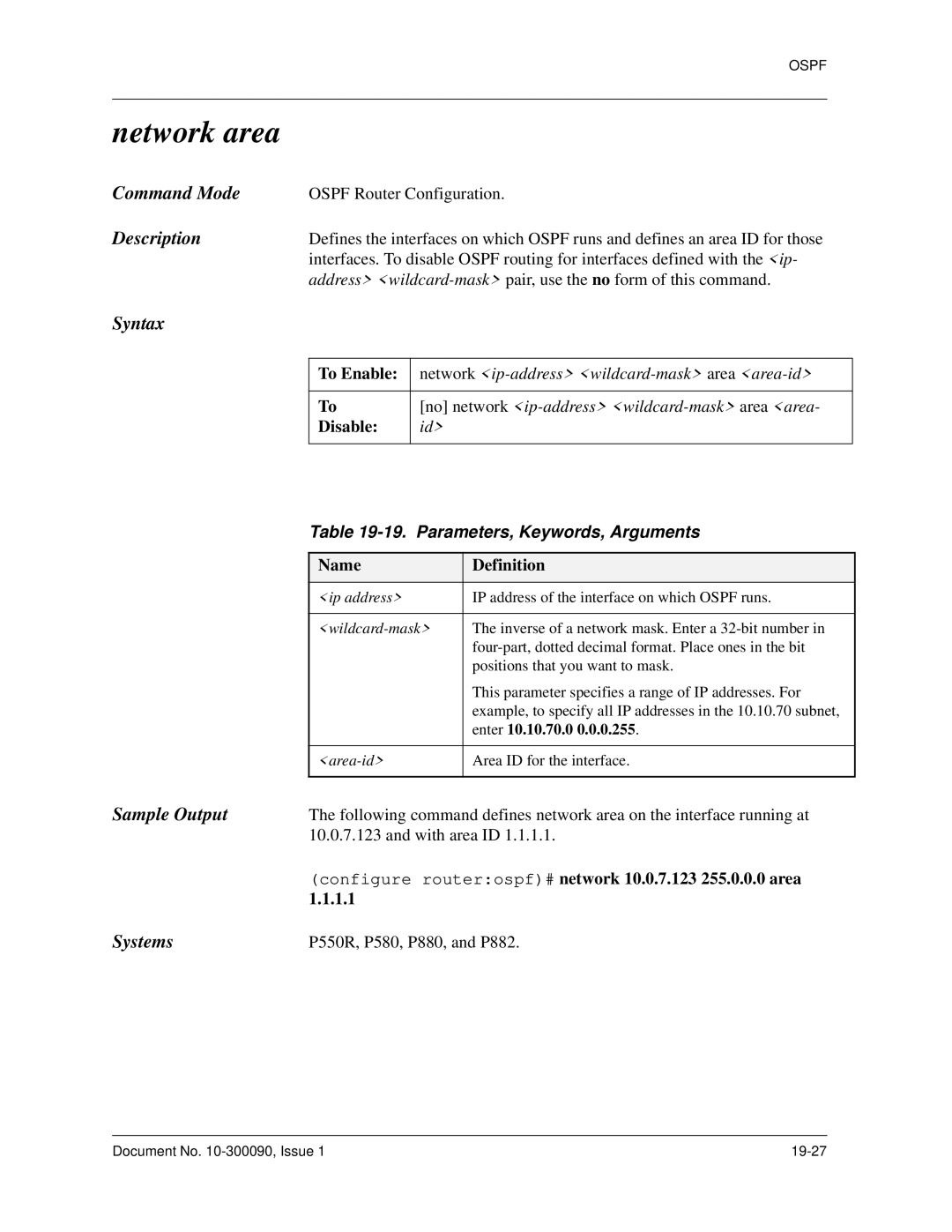 Avaya 106760804 manual Network area, Disable, Area-id Area ID for the interface 