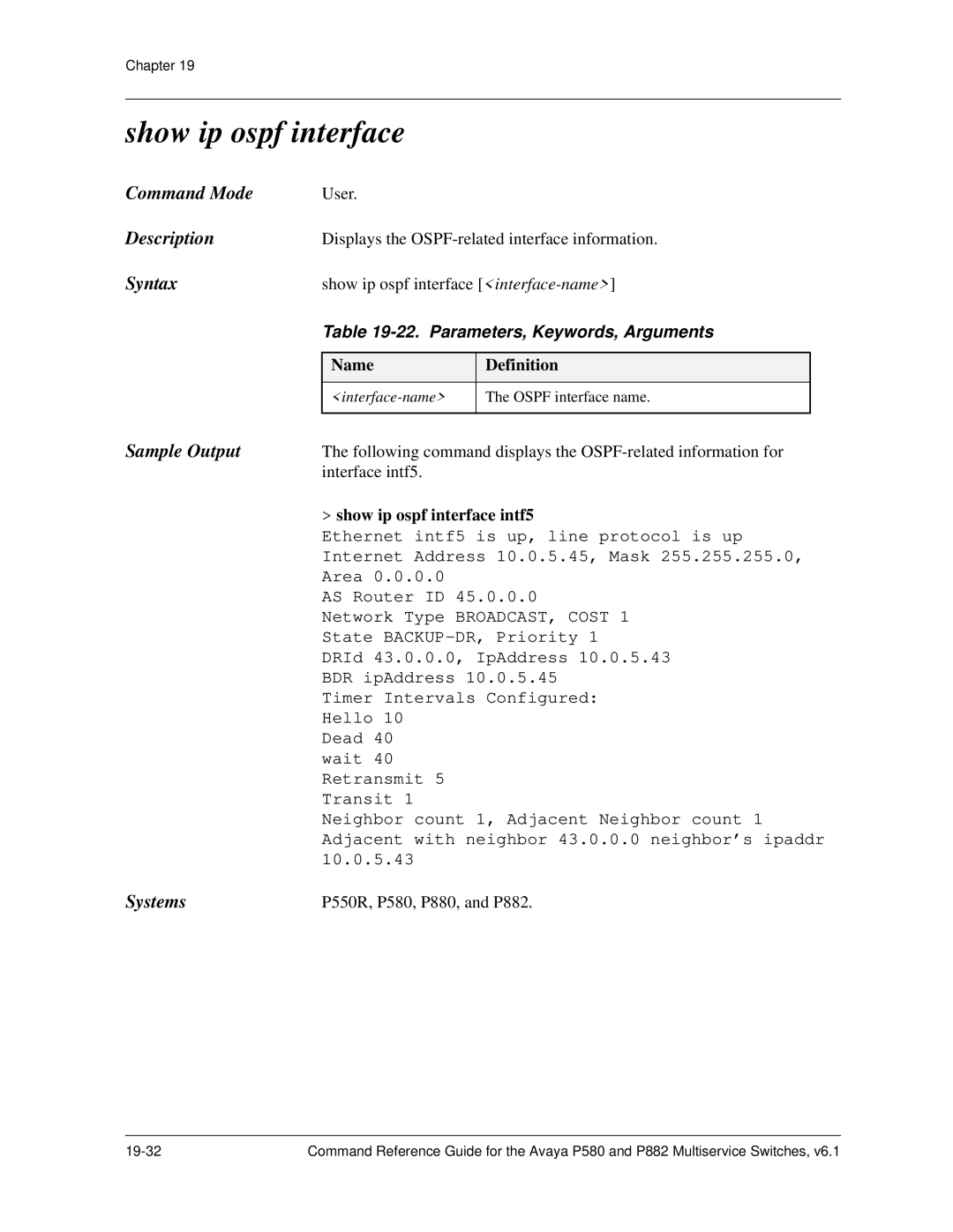 Avaya 106760804 manual Show ip ospf interface intf5 