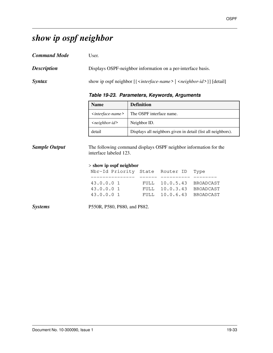 Avaya 106760804 manual Show ip ospf neighbor, Parameters, Keywords, Arguments, Neighbor-id 