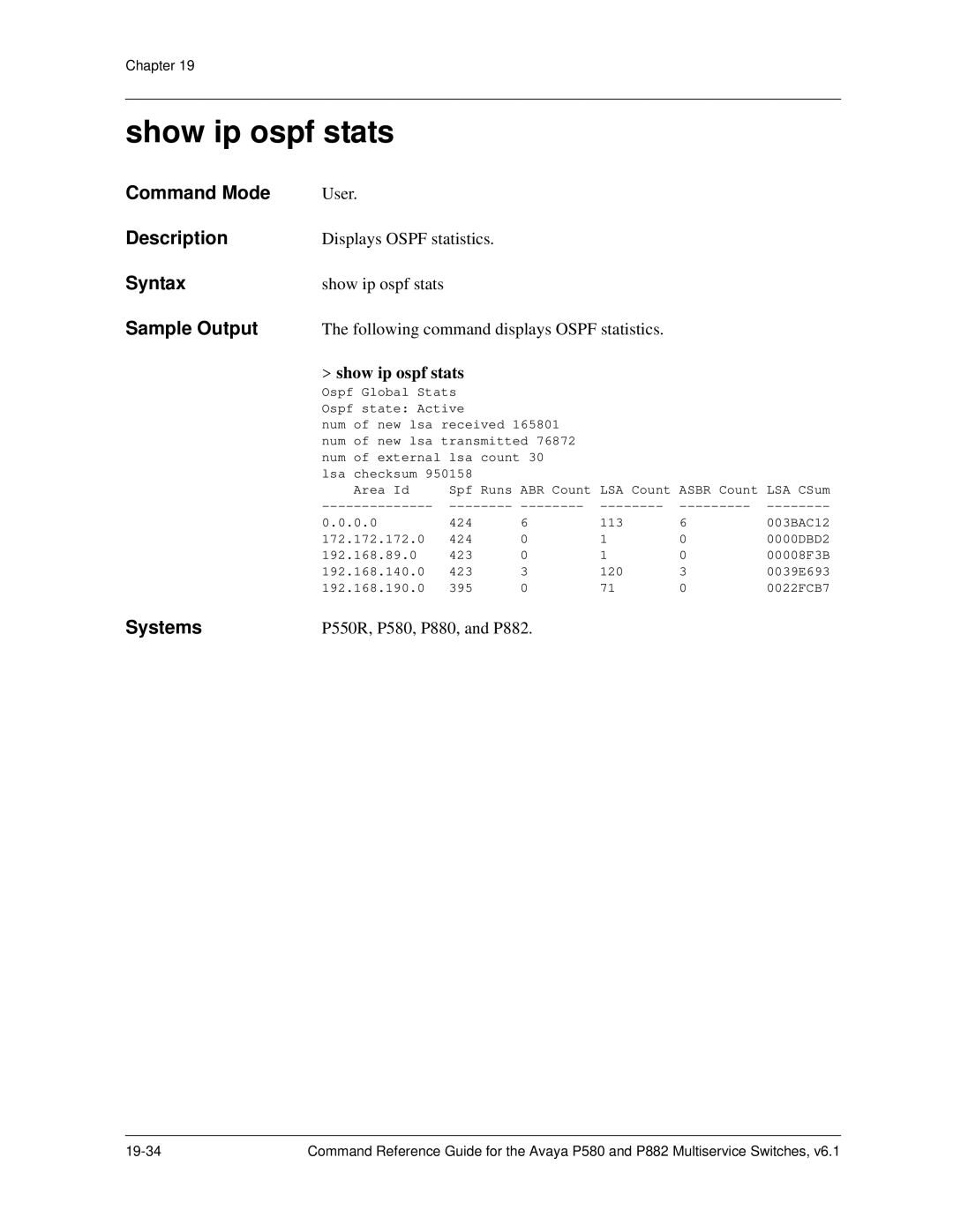 Avaya 106760804 manual Show ip ospf stats 