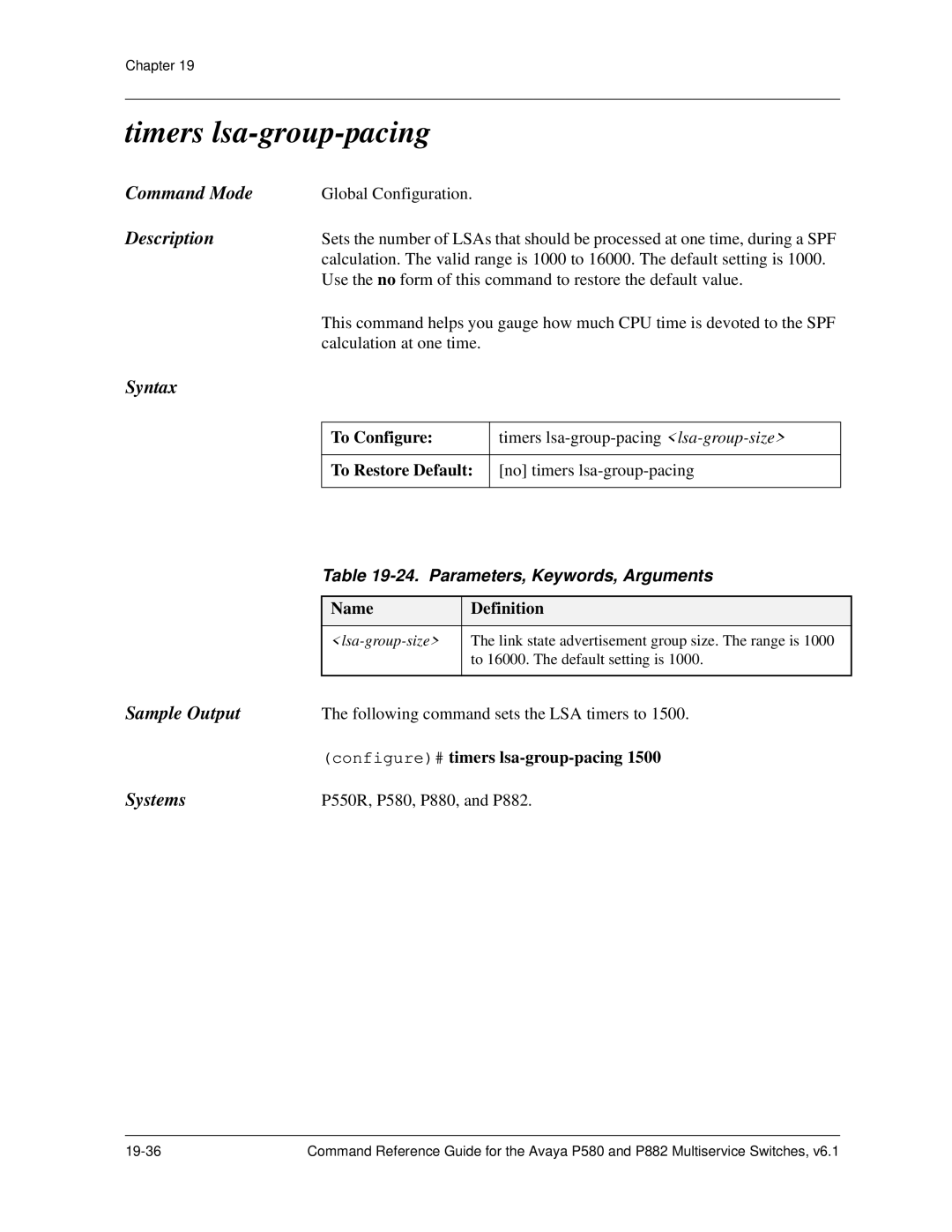 Avaya 106760804 Timers lsa-group-pacing, Following command sets the LSA timers to, Configure# timers lsa-group-pacing 