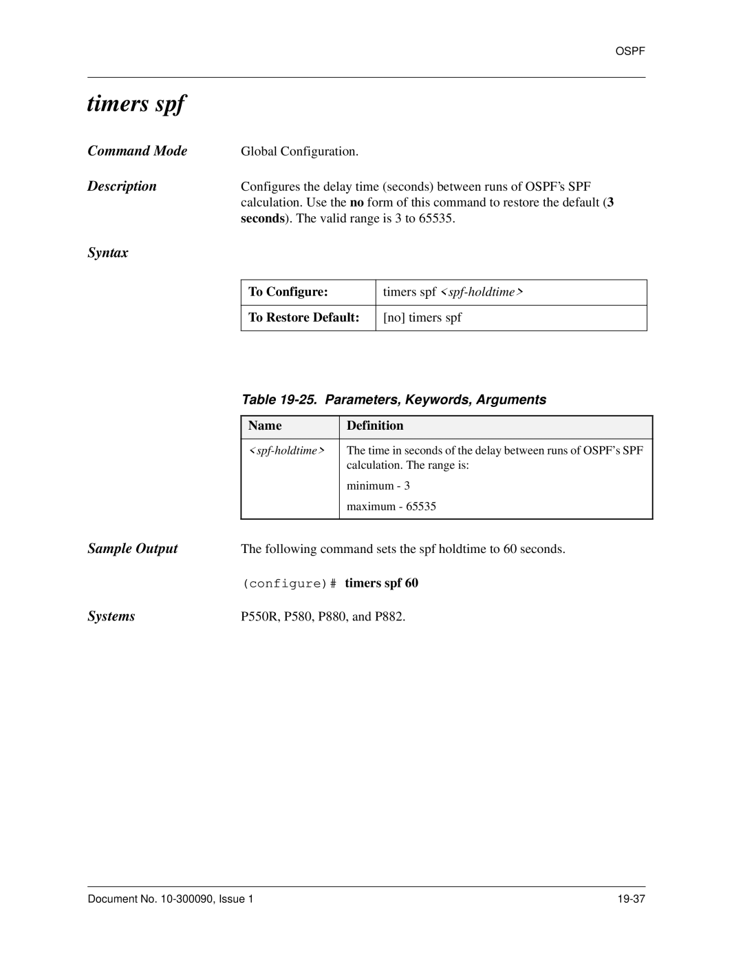 Avaya 106760804 manual Timers spf, Parameters, Keywords, Arguments 