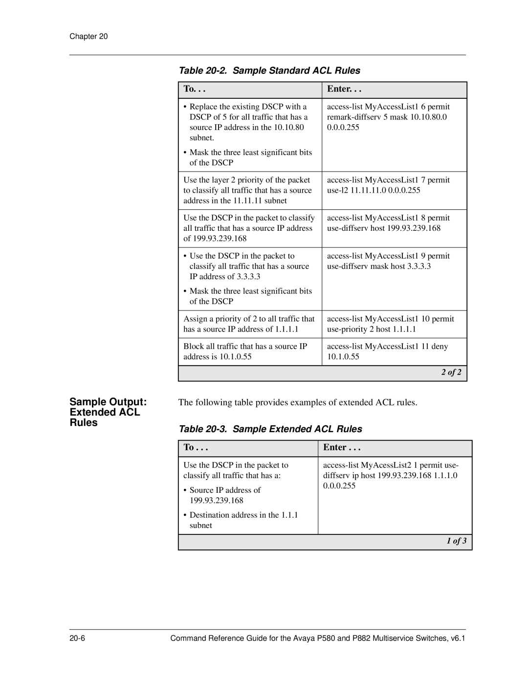 Avaya 106760804 manual Sample Extended ACL Rules 