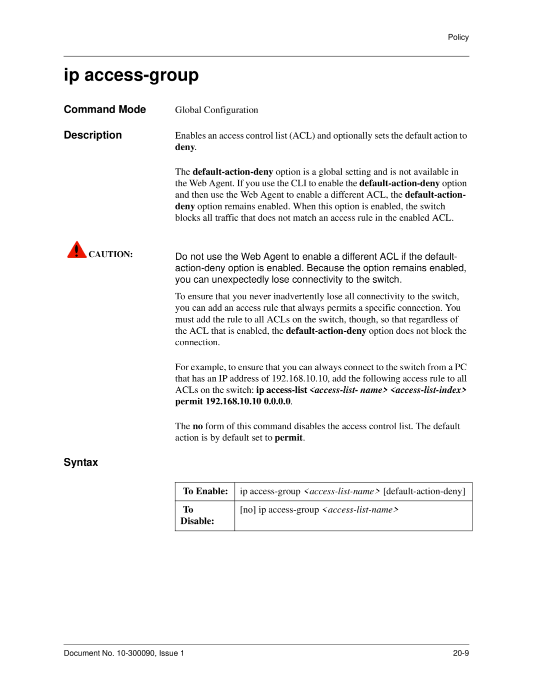 Avaya 106760804 manual Ip access-group, Deny, Permit 192.168.10.10 