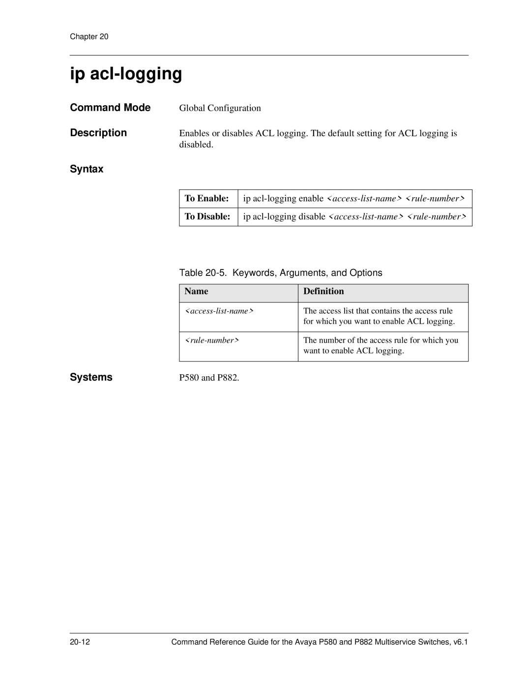 Avaya 106760804 manual Ip acl-logging, Keywords, Arguments, and Options 