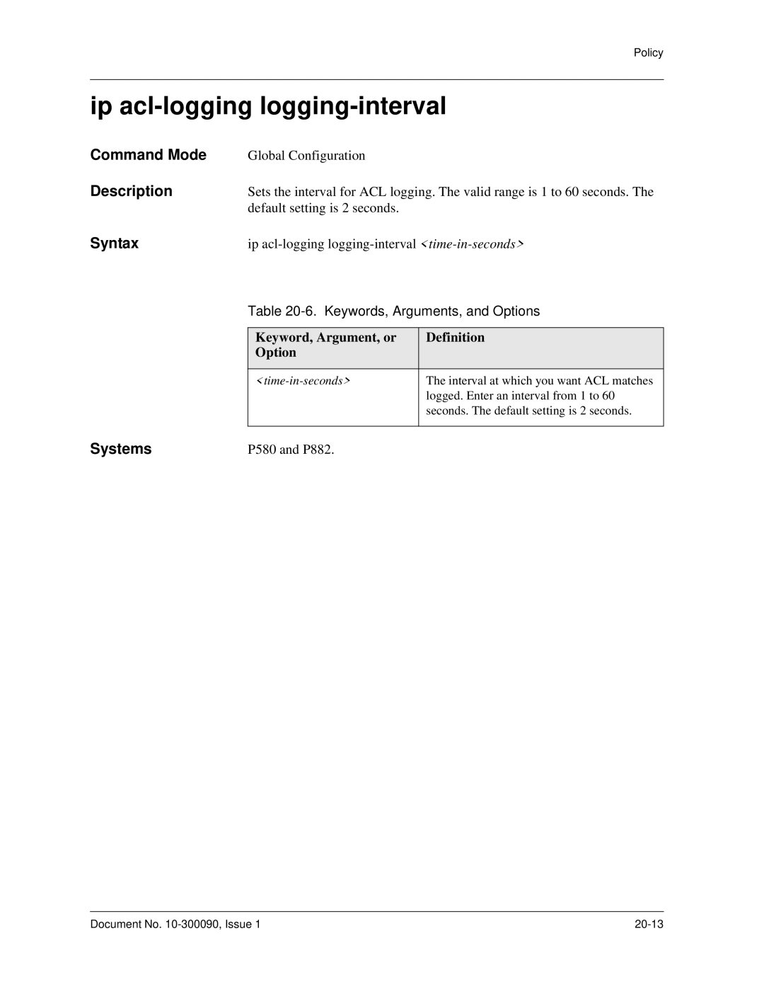 Avaya 106760804 manual Ip acl-logging logging-interval, Time-in-seconds 