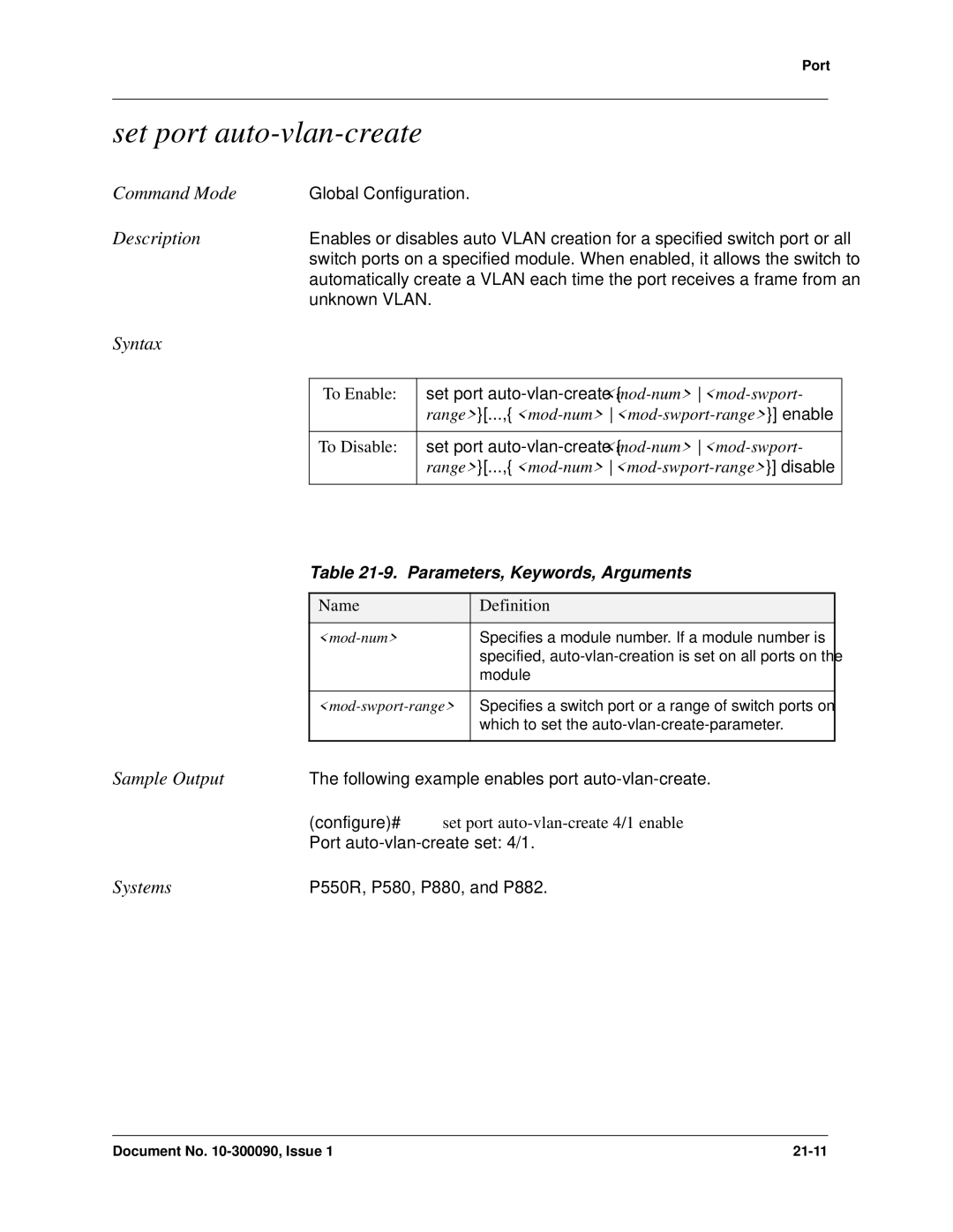 Avaya 106760804 manual Set port auto-vlan-create, To Enable 