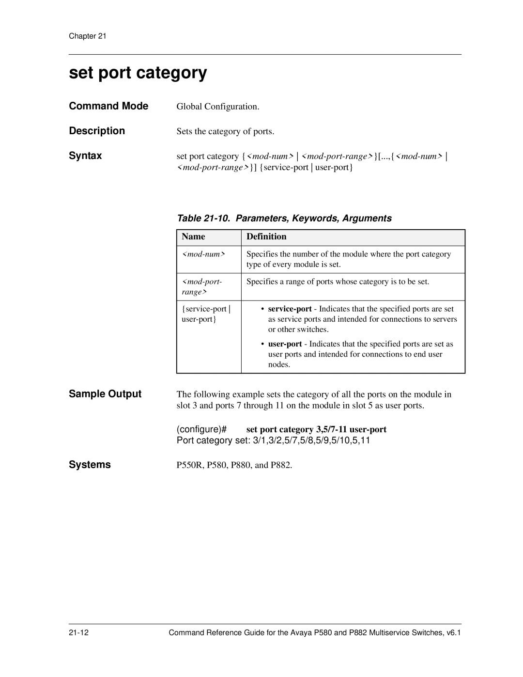 Avaya 106760804 manual Set port category, Parameters, Keywords, Arguments 