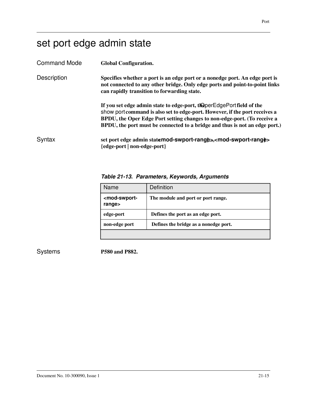 Avaya 106760804 manual Set port edge admin state, Parameters, Keywords, Arguments 