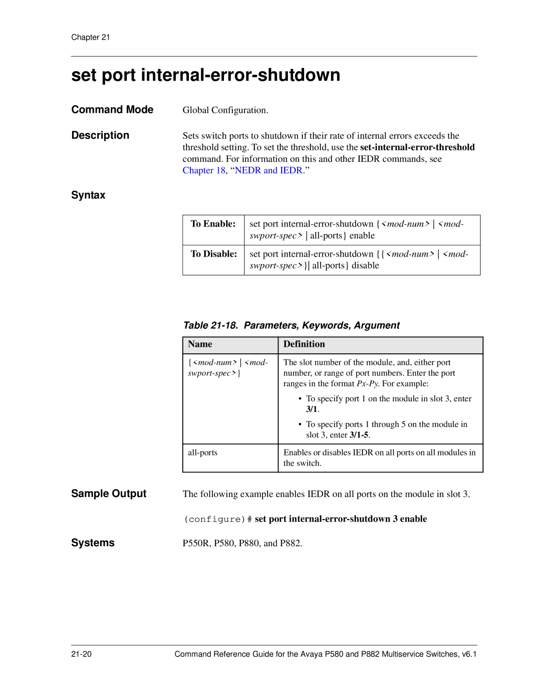 Avaya 106760804 manual Set port internal-error-shutdown, Parameters, Keywords, Argument 