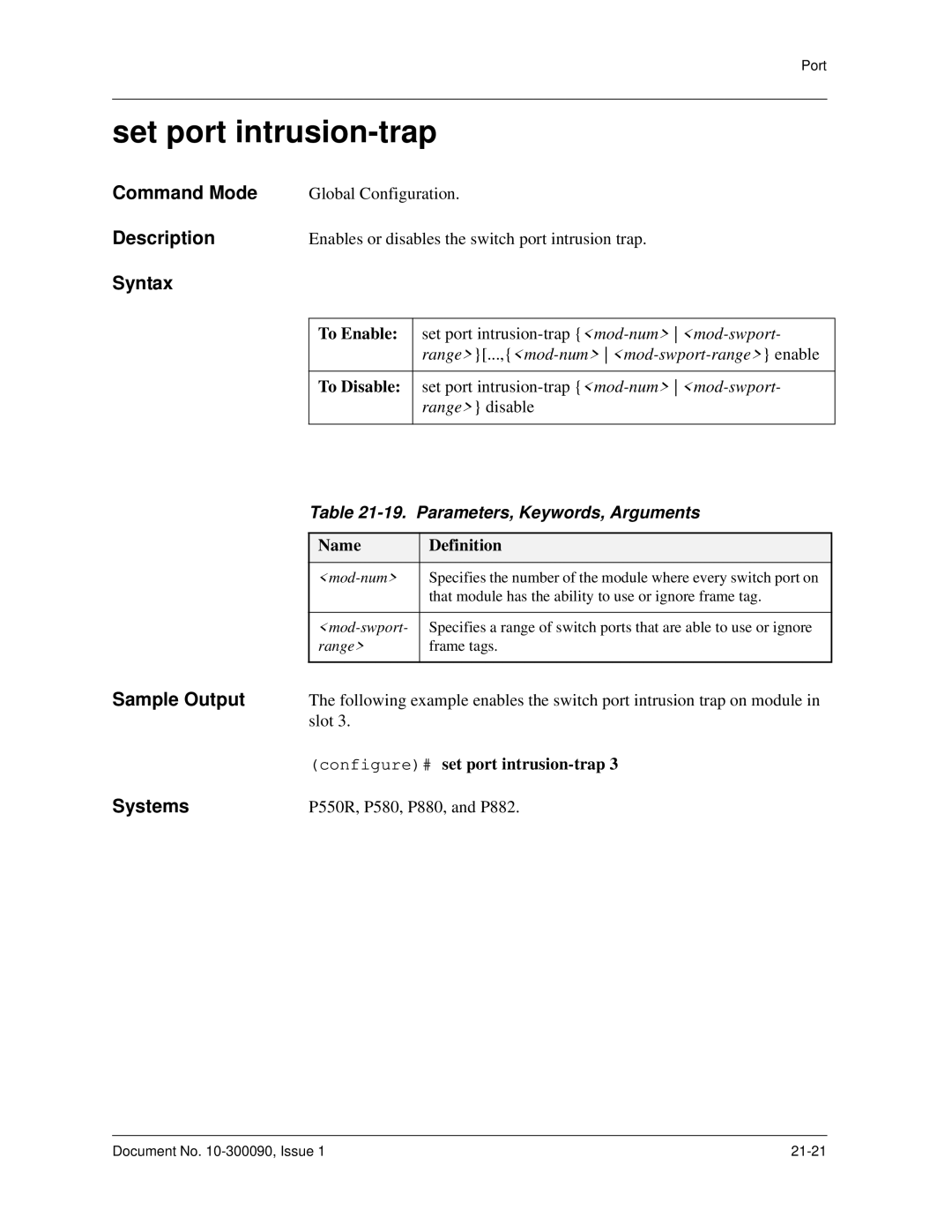 Avaya 106760804 manual Set port intrusion-trap, Parameters, Keywords, Arguments 