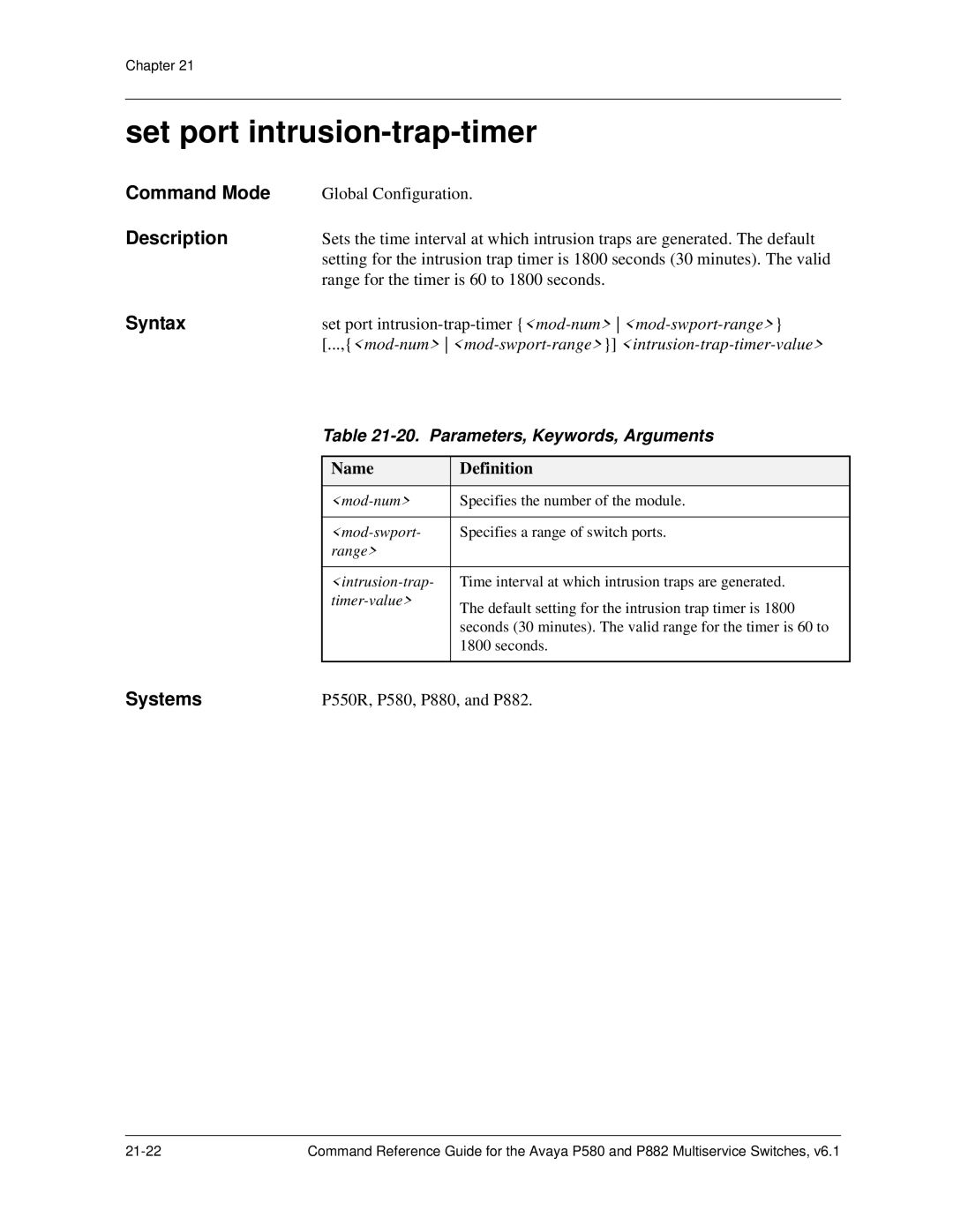 Avaya 106760804 manual Set port intrusion-trap-timer, Parameters, Keywords, Arguments 