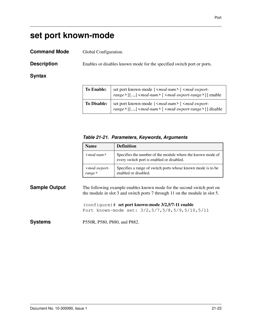 Avaya 106760804 manual Set port known-mode, Parameters, Keywords, Arguments 