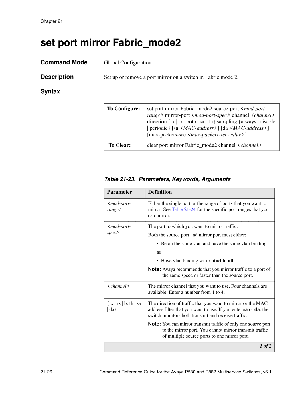 Avaya 106760804 manual Set port mirror Fabricmode2, Parameter Definition 