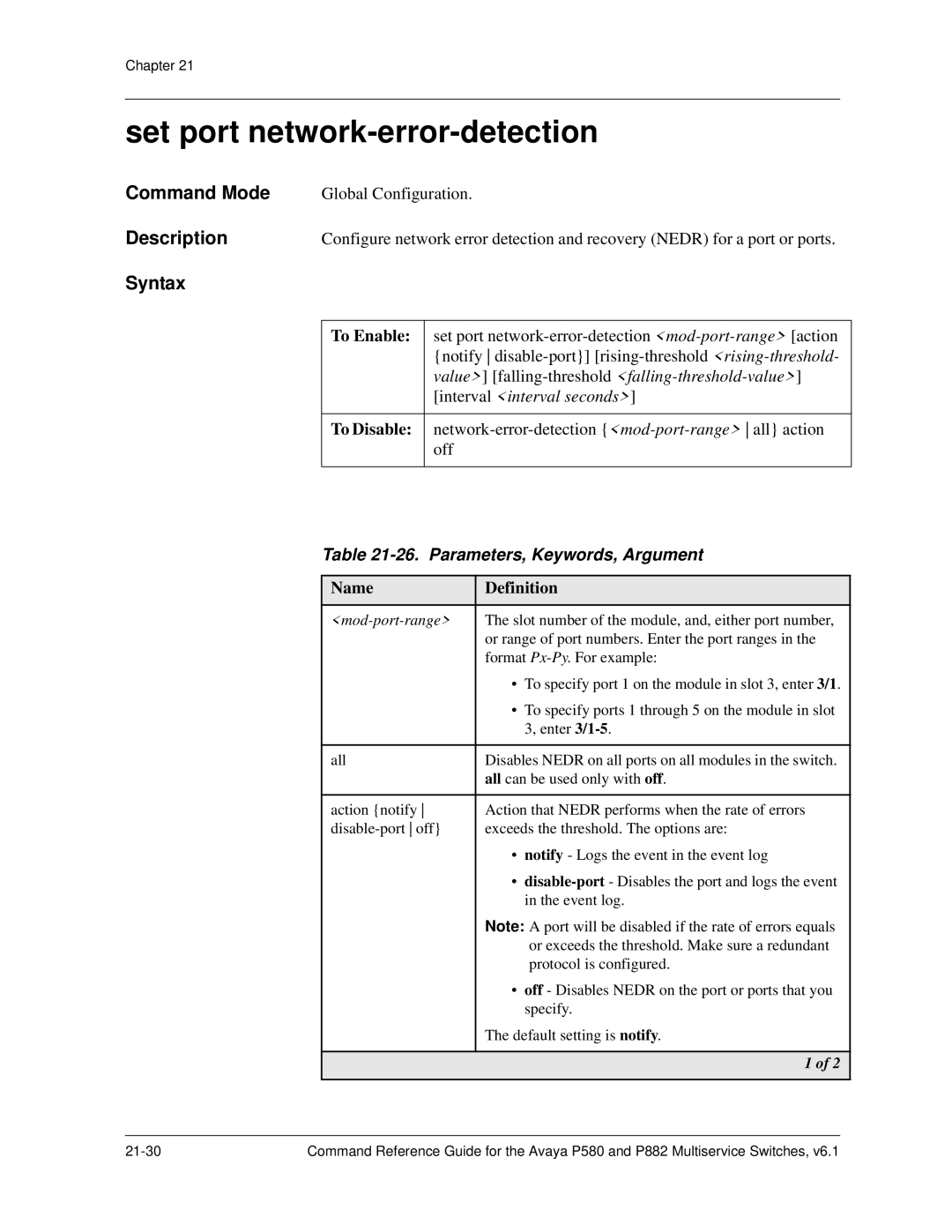 Avaya 106760804 manual Set port network-error-detection, Parameters, Keywords, Argument 