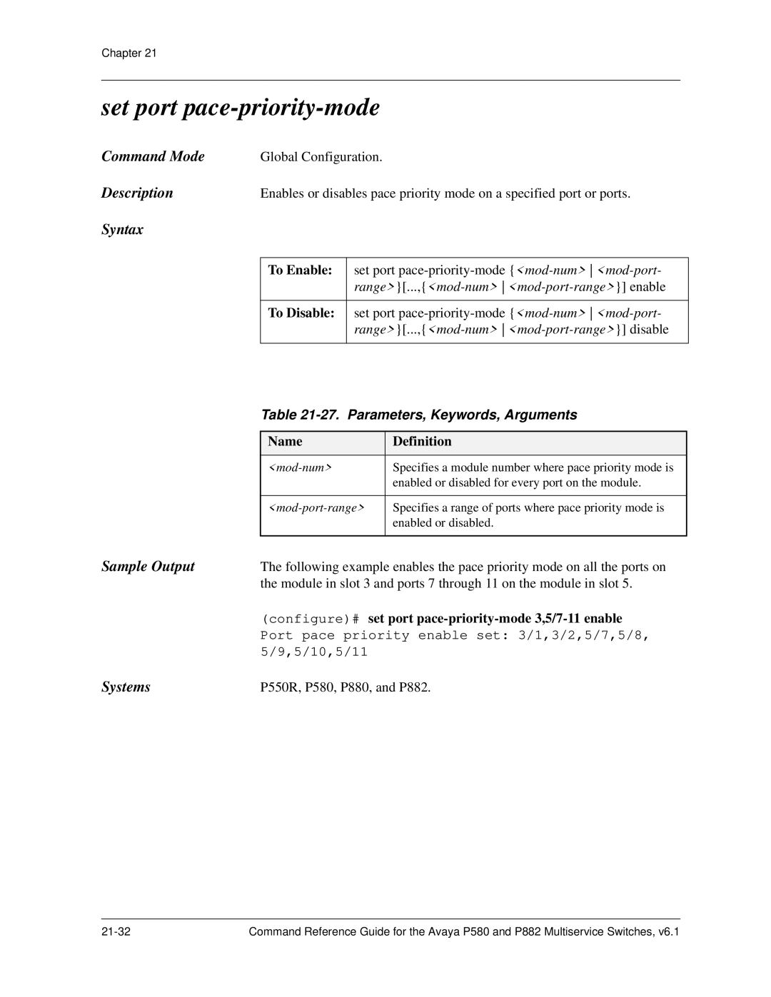 Avaya 106760804 manual Set port pace-priority-mode, Configure# set port pace-priority-mode 3,5/7-11 enable 