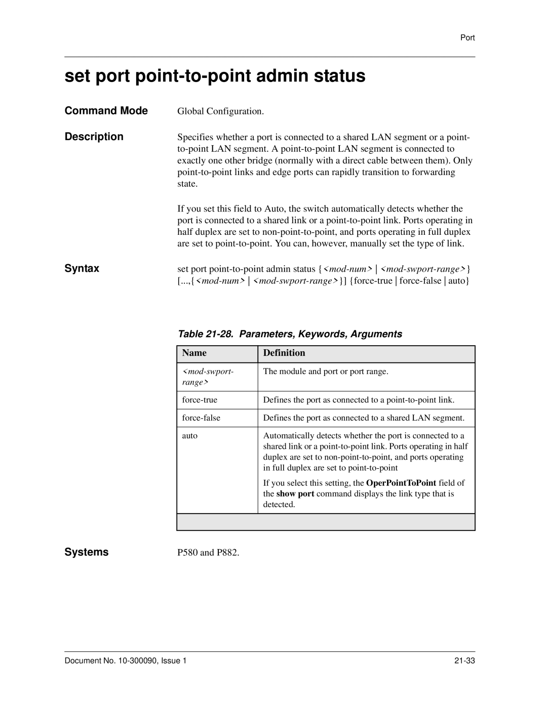 Avaya 106760804 manual Set port point-to-point admin status, Parameters, Keywords, Arguments 