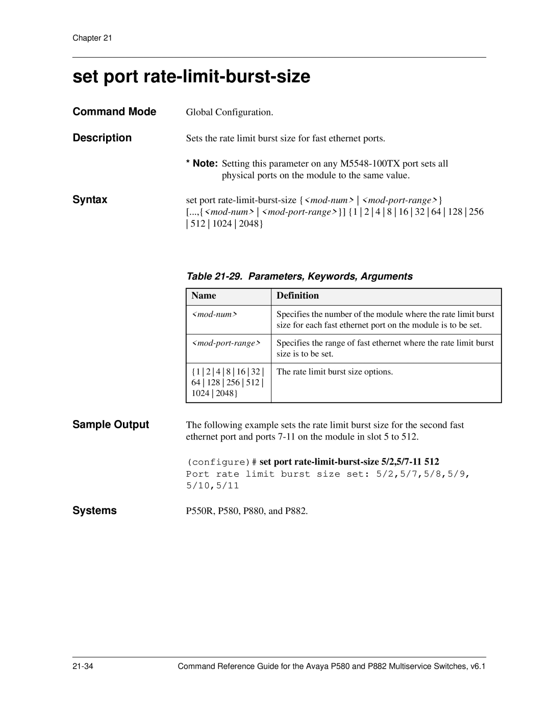 Avaya 106760804 manual Set port rate-limit-burst-size, Parameters, Keywords, Arguments 