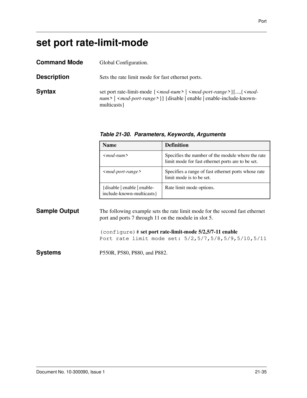 Avaya 106760804 manual Set port rate-limit-mode, Parameters, Keywords, Arguments 