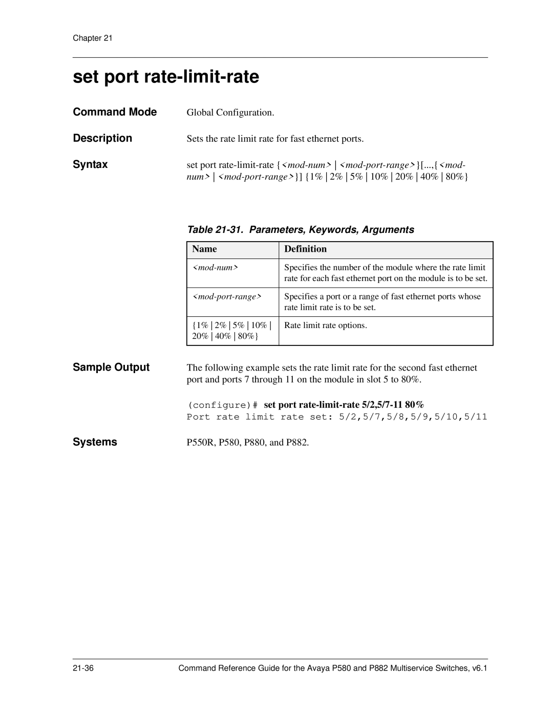 Avaya 106760804 manual Set port rate-limit-rate, Parameters, Keywords, Arguments 