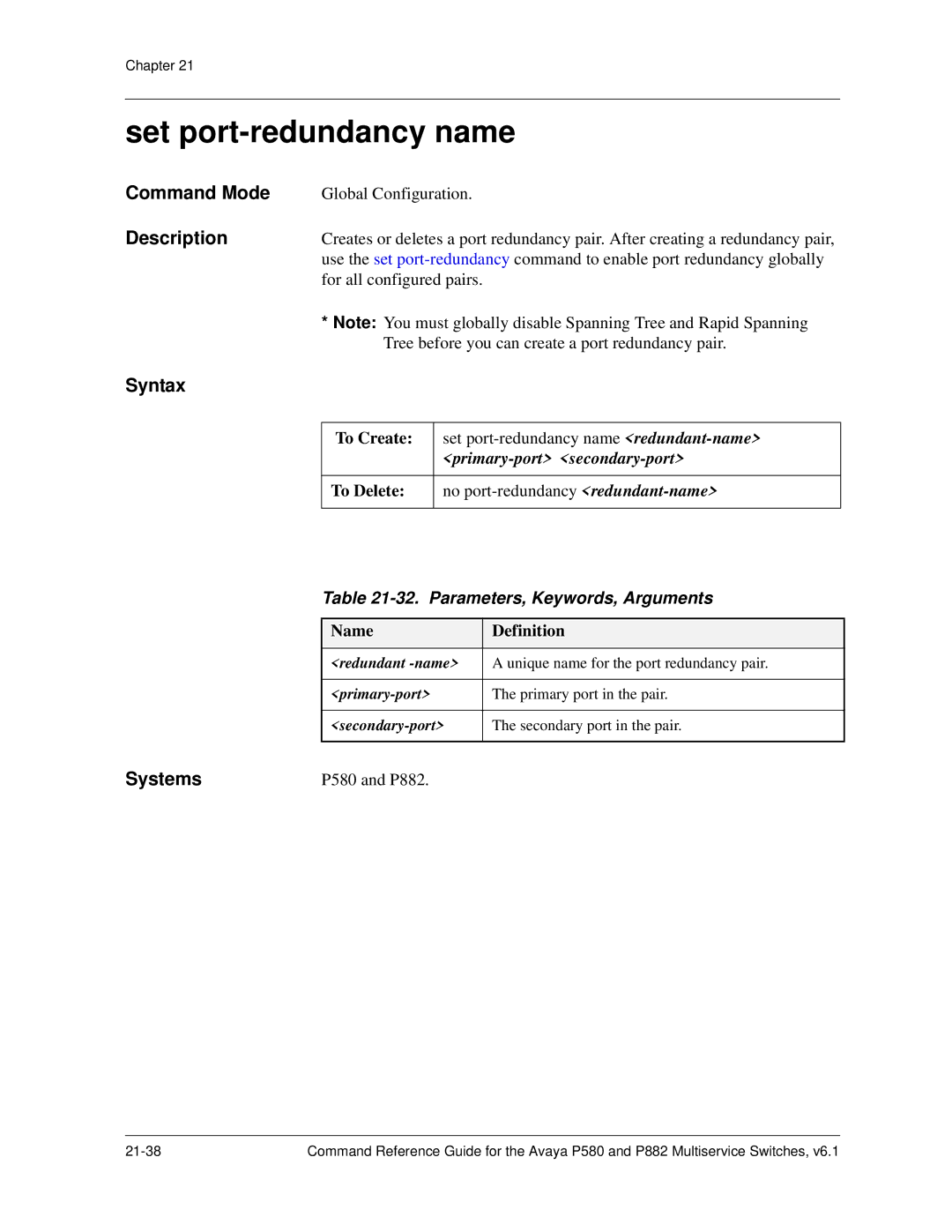 Avaya 106760804 manual Set port-redundancy name, To Create 