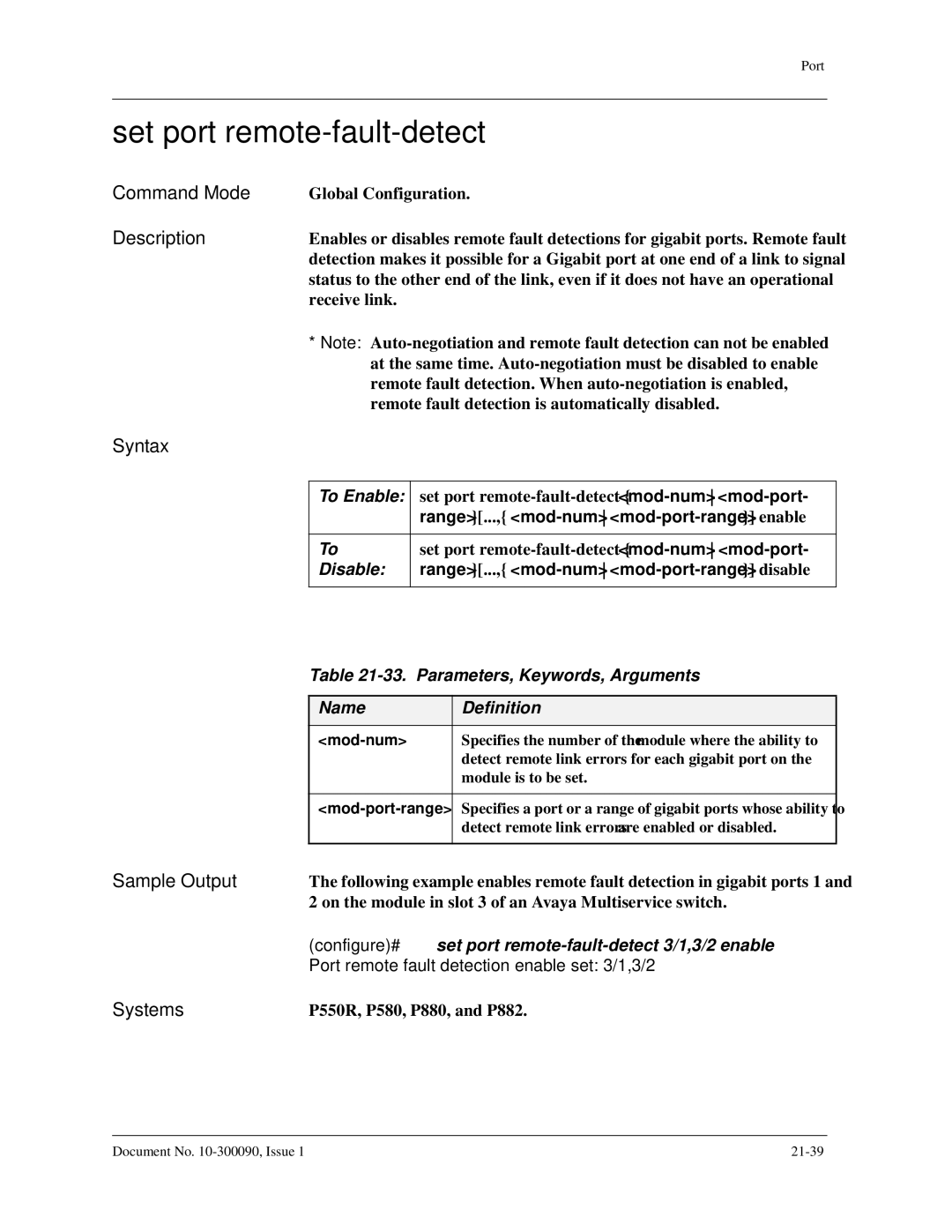 Avaya 106760804 manual Set port remote-fault-detect, To Enable 