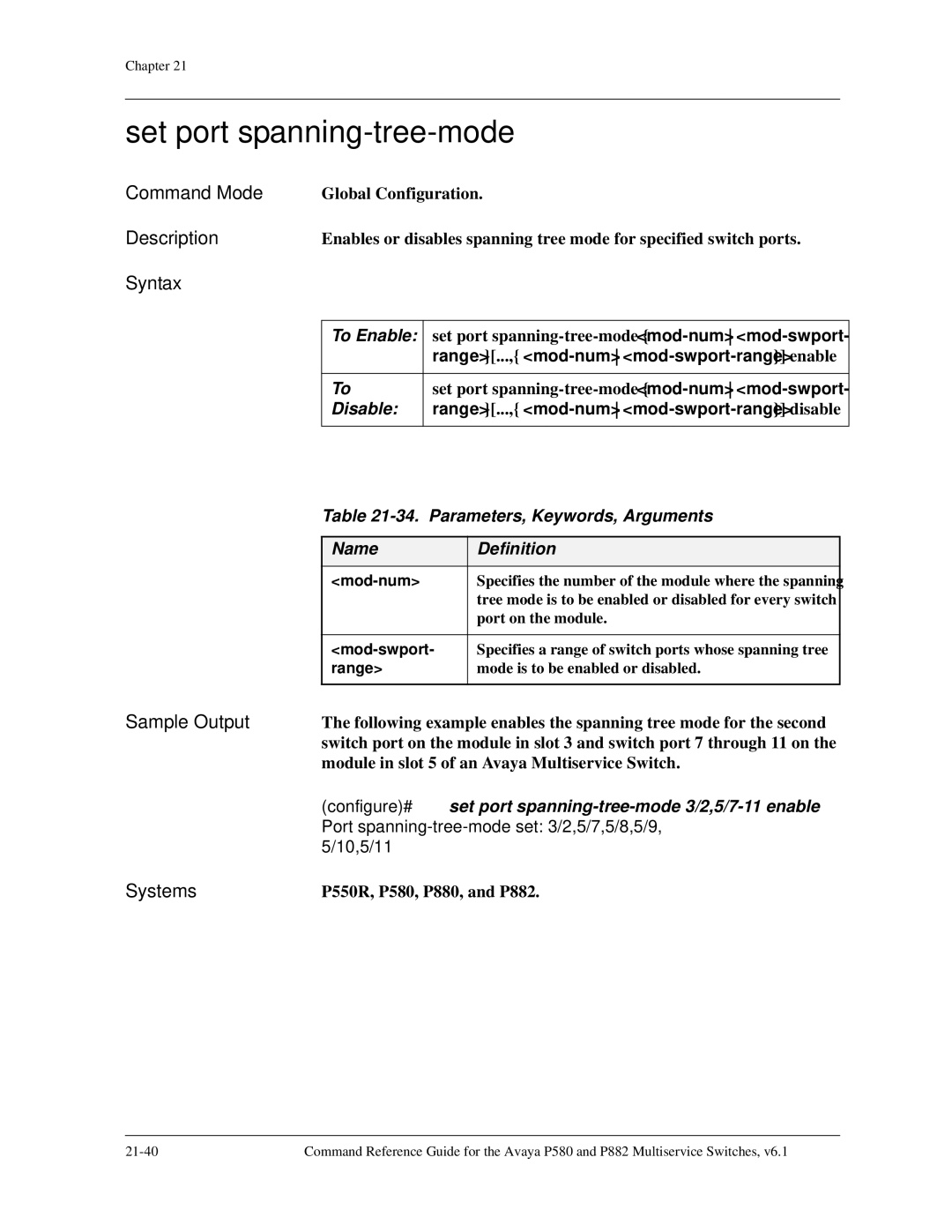 Avaya 106760804 manual Set port spanning-tree-mode, Parameters, Keywords, Arguments 