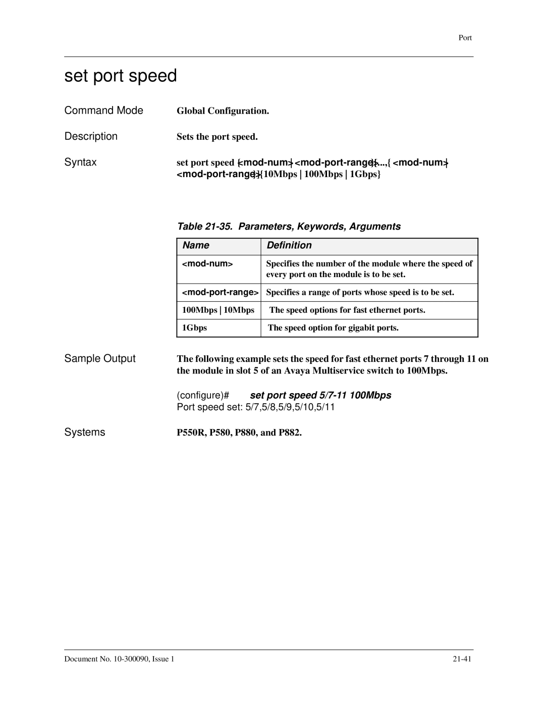 Avaya 106760804 manual Set port speed, Parameters, Keywords, Arguments 