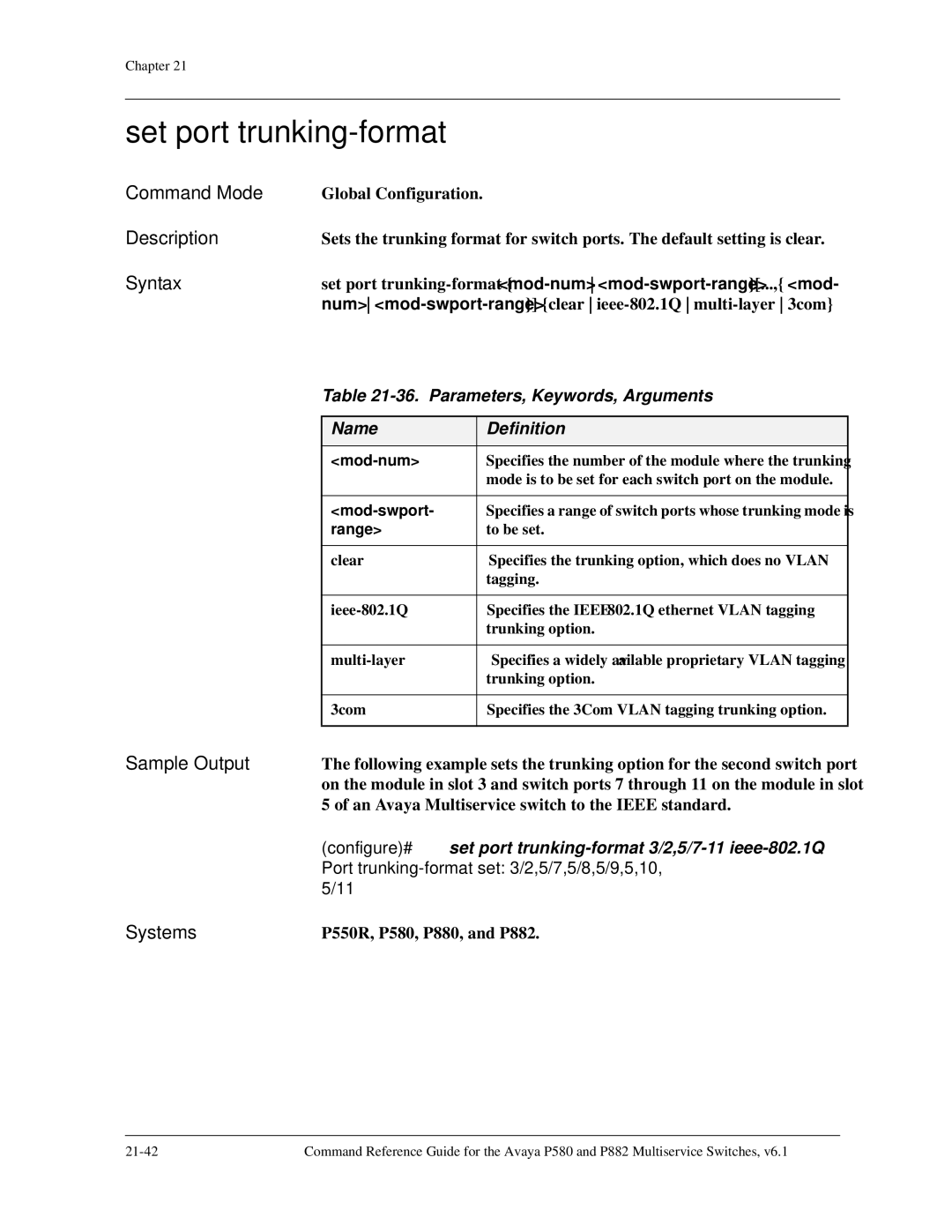 Avaya 106760804 manual Set port trunking-format, Parameters, Keywords, Arguments 