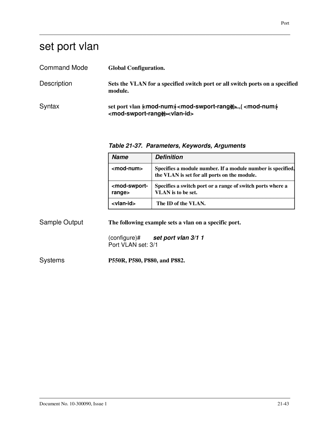 Avaya 106760804 manual Set port vlan, Parameters, Keywords, Arguments 