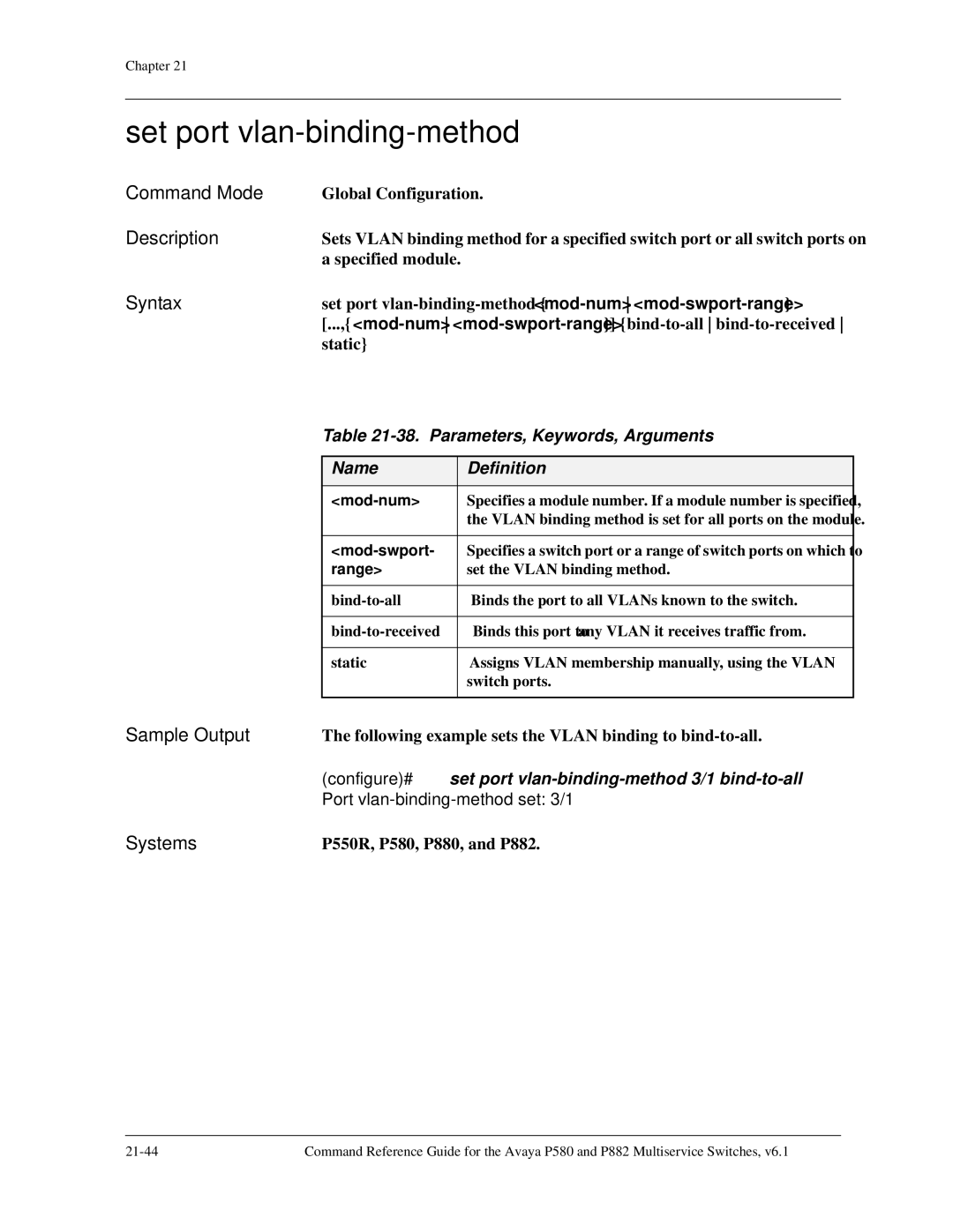 Avaya 106760804 manual Set port vlan-binding-method, Parameters, Keywords, Arguments 