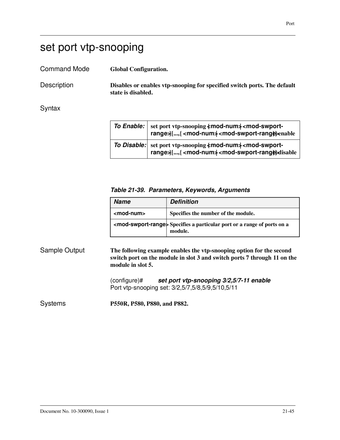 Avaya 106760804 Set port vtp-snooping, Parameters, Keywords, Arguments, Configure# set port vtp-snooping 3/2,5/7-11 enable 