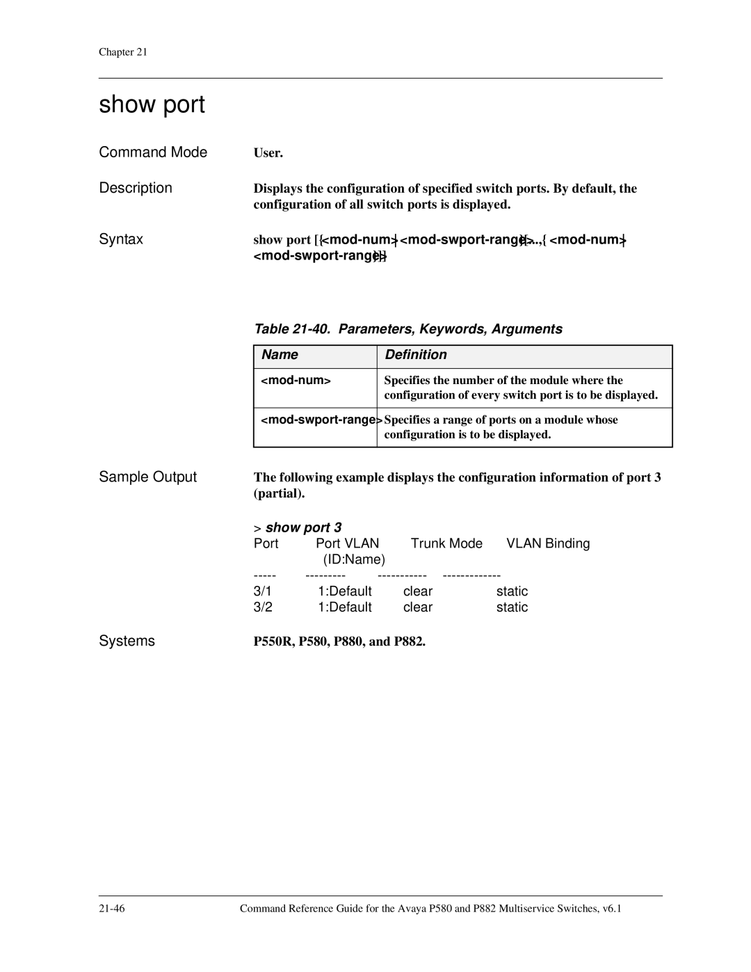 Avaya 106760804 manual Show port, Parameters, Keywords, Arguments 