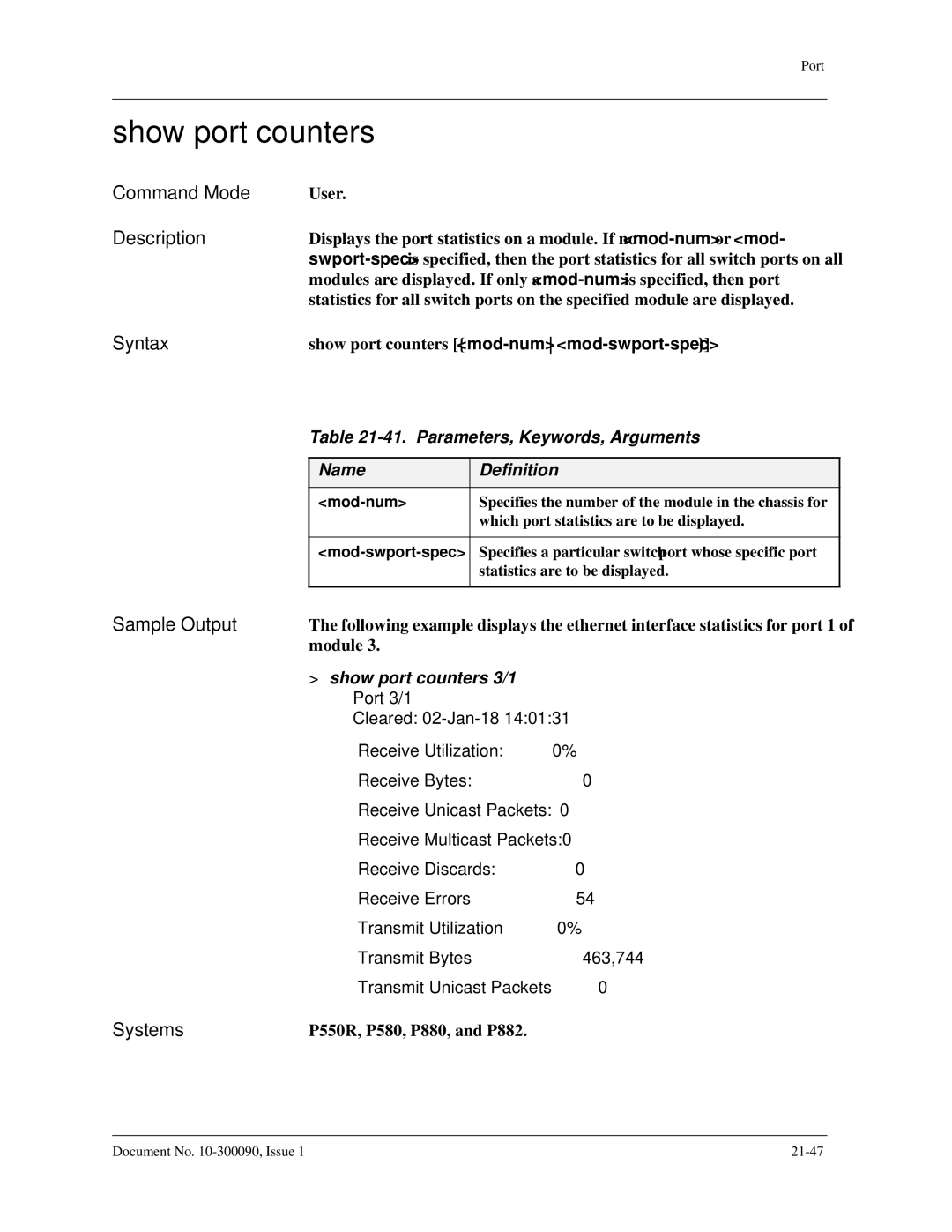 Avaya 106760804 manual Show port counters, Parameters, Keywords, Arguments 