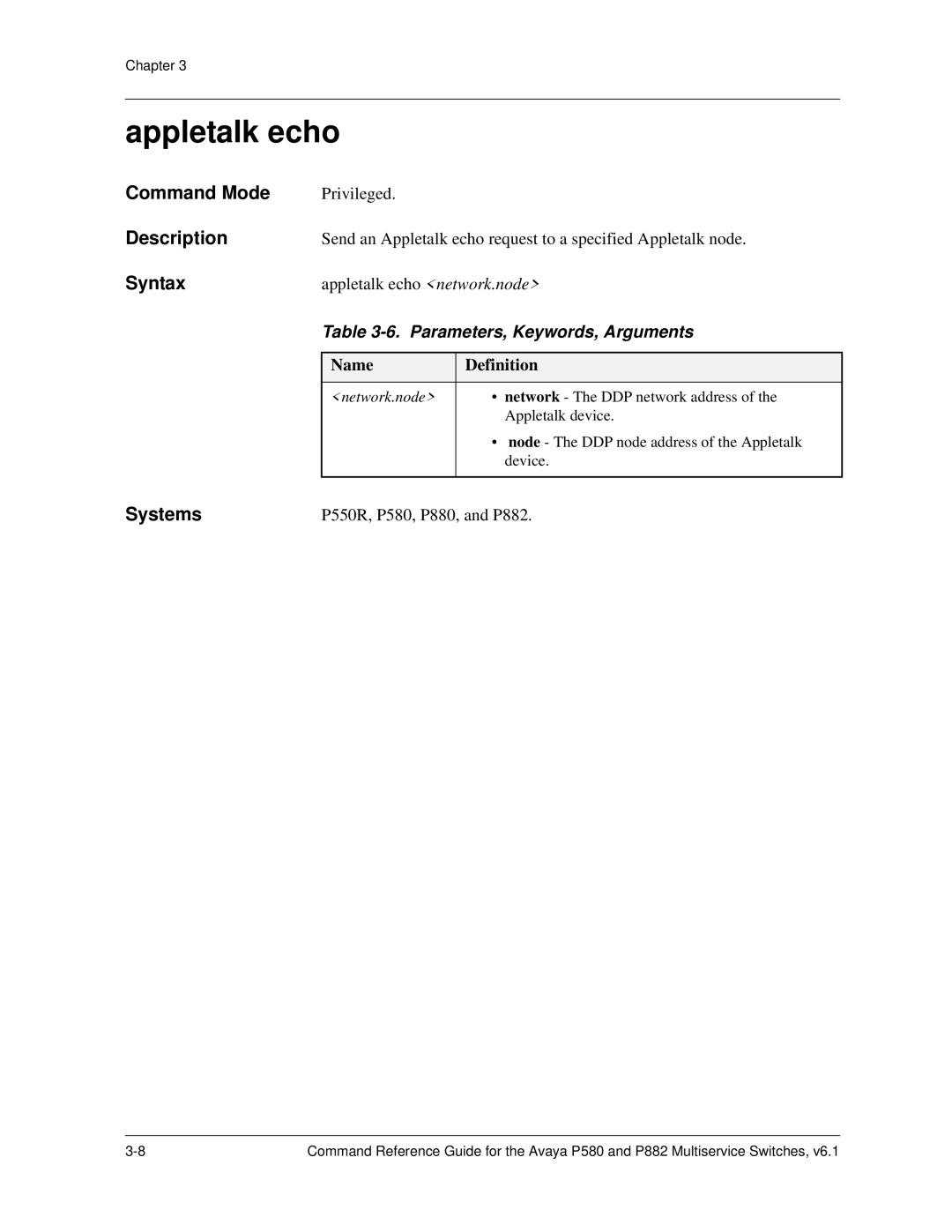 Avaya 106760804 manual Appletalk echo, Syntax 