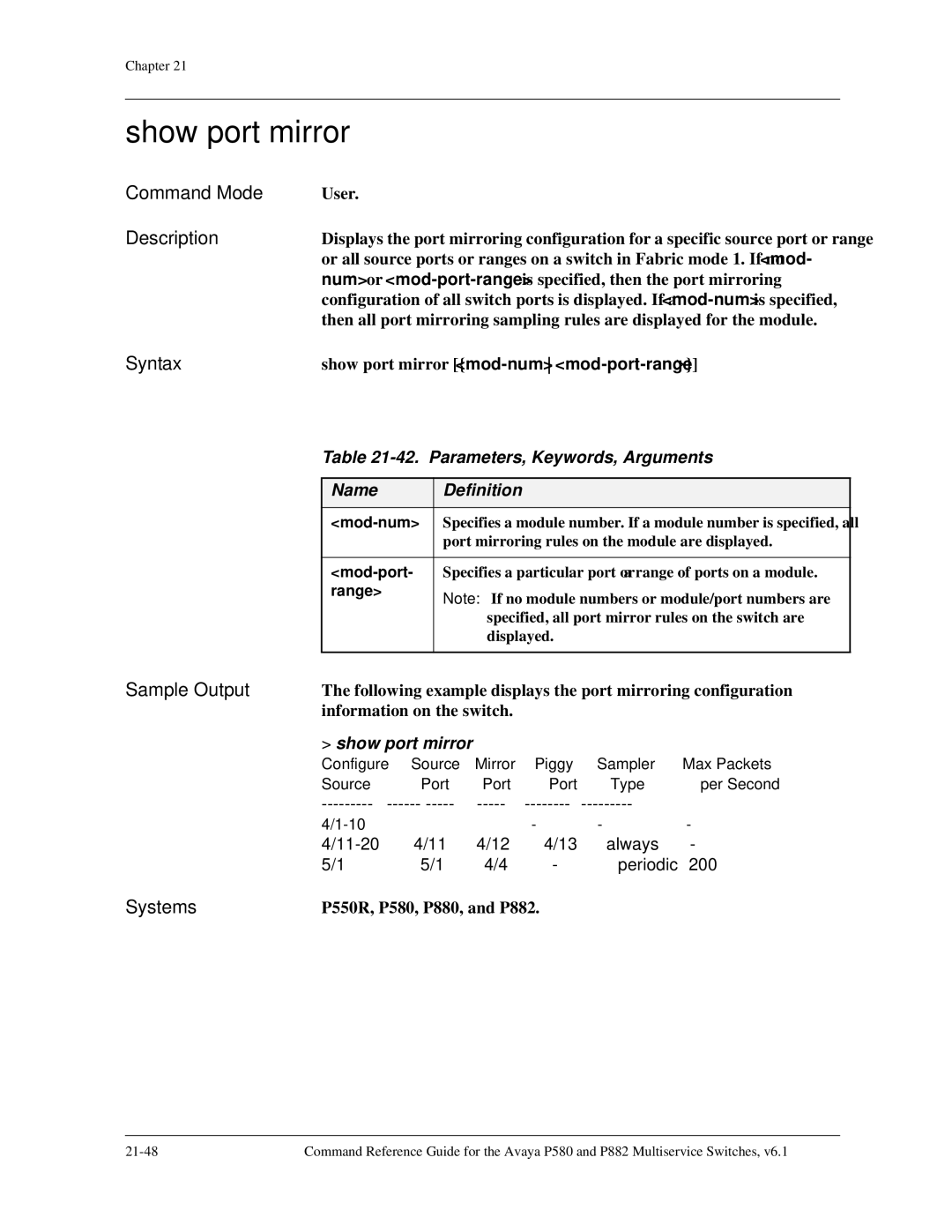 Avaya 106760804 manual Show port mirror, Parameters, Keywords, Arguments 