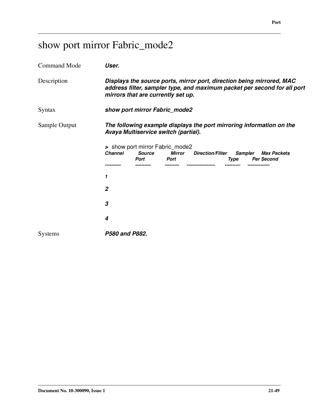 Avaya 106760804 manual Show port mirror Fabricmode2 