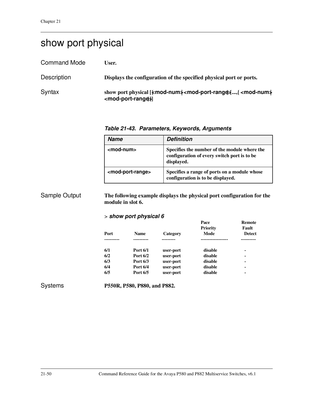 Avaya 106760804 manual Show port physical, Parameters, Keywords, Arguments 