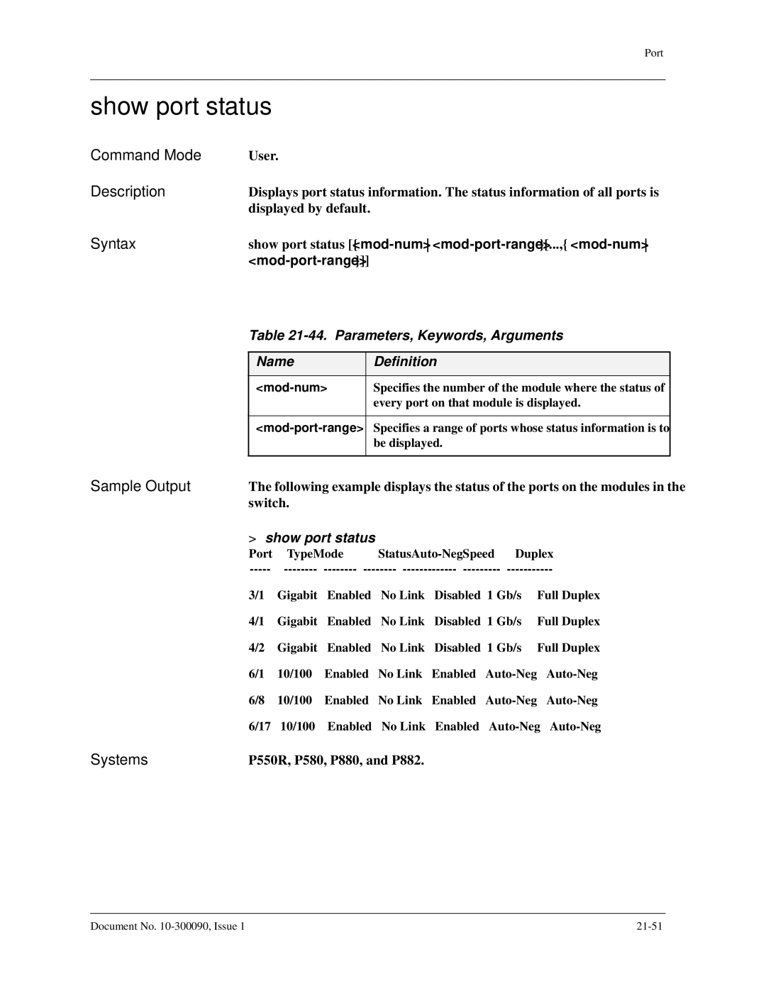 Avaya 106760804 manual Show port status, Parameters, Keywords, Arguments 