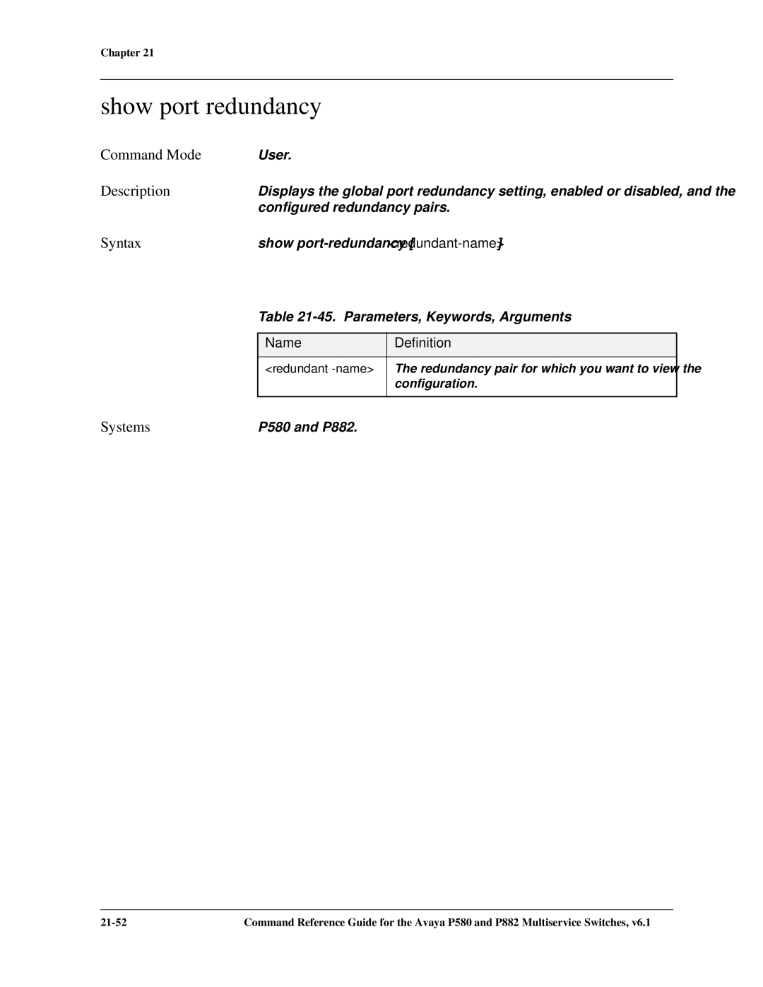 Avaya 106760804 manual Show port redundancy, Parameters, Keywords, Arguments 