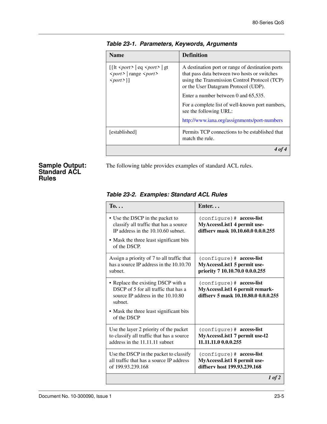 Avaya 106760804 manual Examples Standard ACL Rules, Diffserv mask 10.10.60.0 