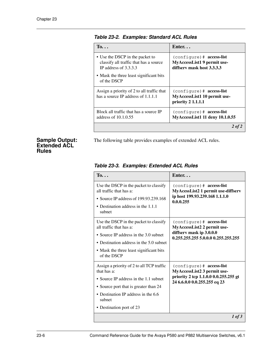 Avaya 106760804 manual Examples Extended ACL Rules, Diffserv mask host 