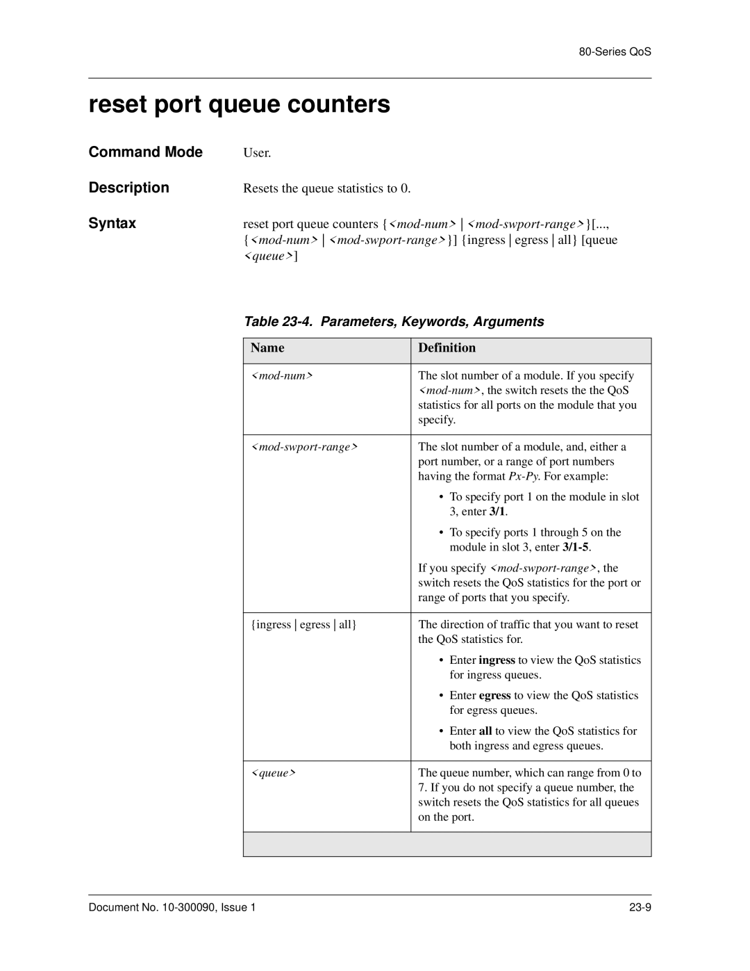 Avaya 106760804 manual Reset port queue counters, Parameters, Keywords, Arguments 