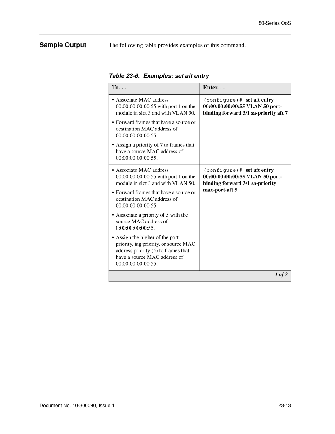 Avaya 106760804 manual Examples set aft entry, Binding forward 3/1 sa-priority aft 