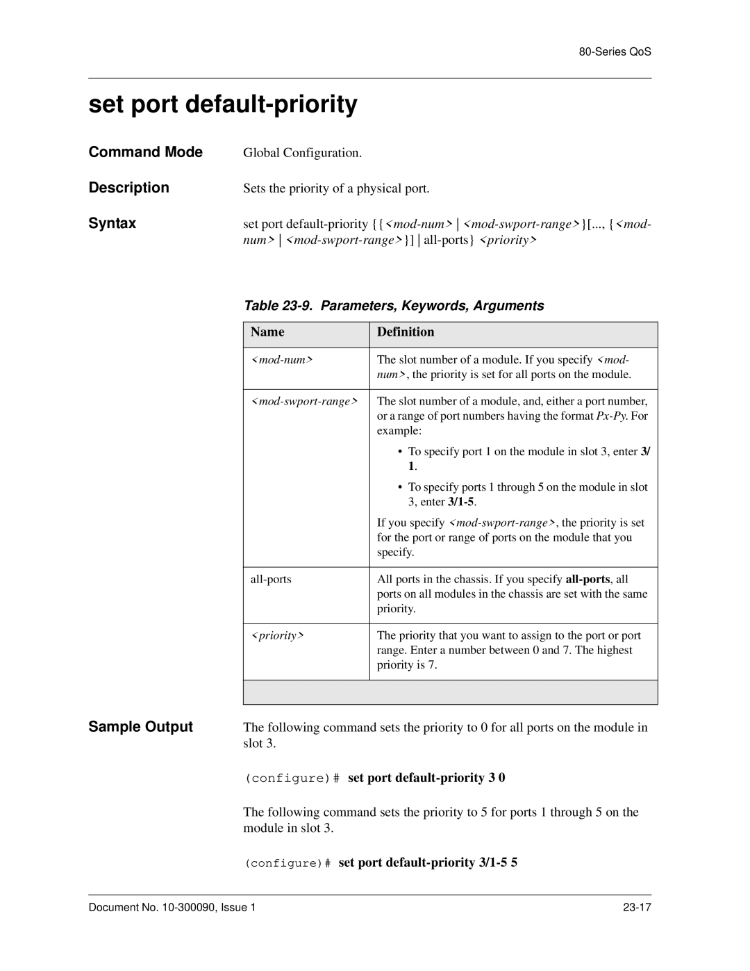 Avaya 106760804 manual Configure# set port default-priority 3/1-5 