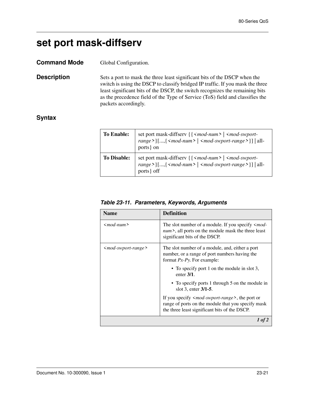 Avaya 106760804 manual Set port mask-diffserv, Parameters, Keywords, Arguments 