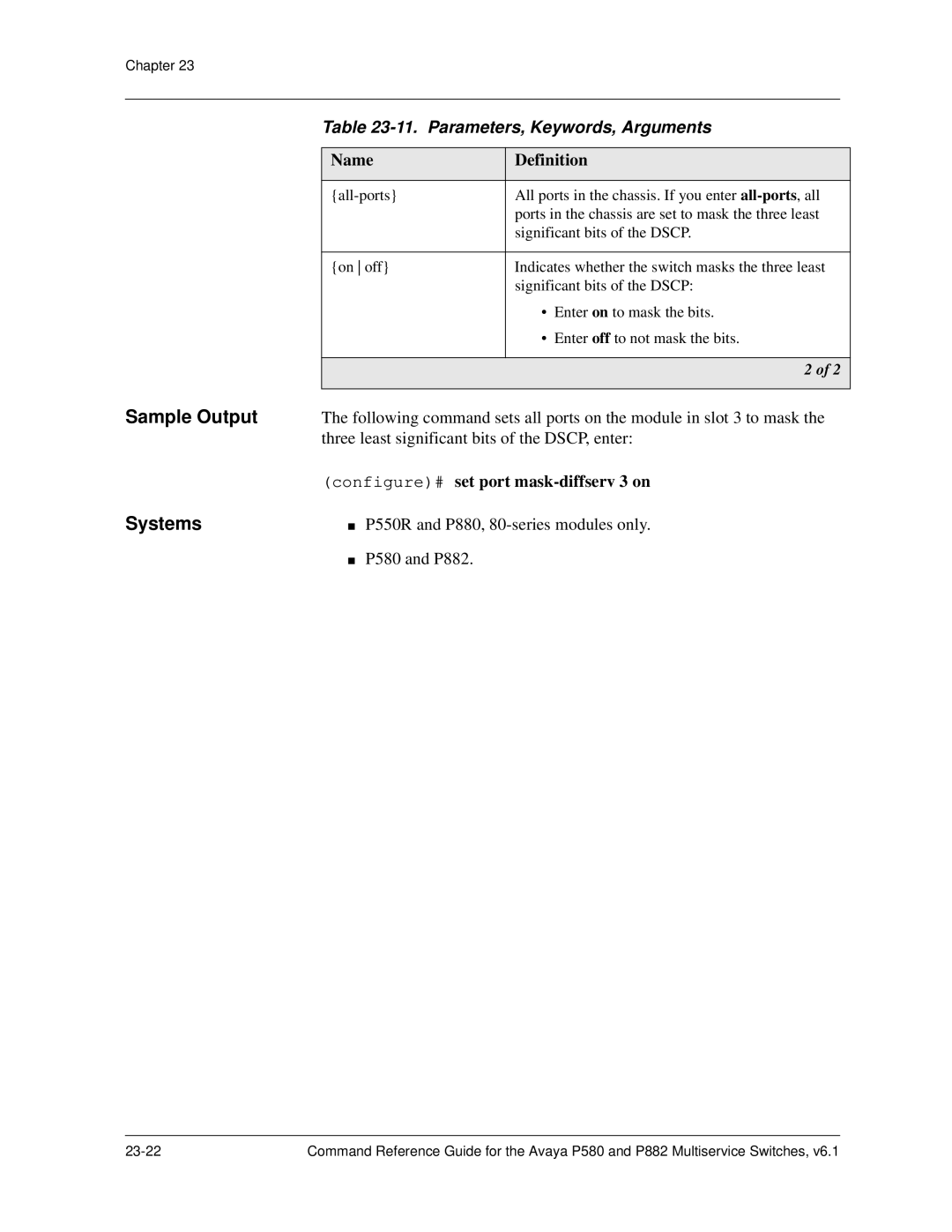 Avaya 106760804 manual Name Definition, Configure# set port mask-diffserv 3 on 